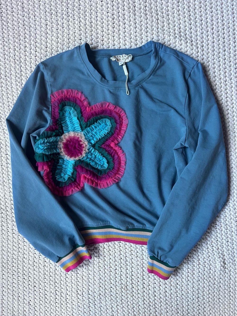 NWOT Hannah Banana Blue Multi-Colored 3D Flower Long Sleeve Top Cute Girly Sz 12